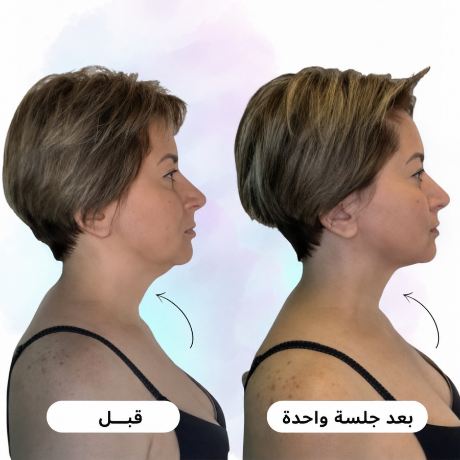 قبل وبعد لمنطقة الرقبة وخط الفك